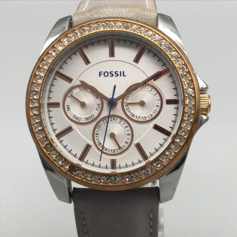 Fossil Womens Watch 38mm Gold Silver Tone Day Date Leather BQ3384 New Battery